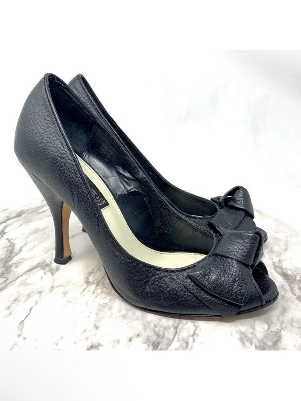 Steven By Steve Madden Goodie Bow Peep-Toe Black Leather Heels 8.5 Retro Classic